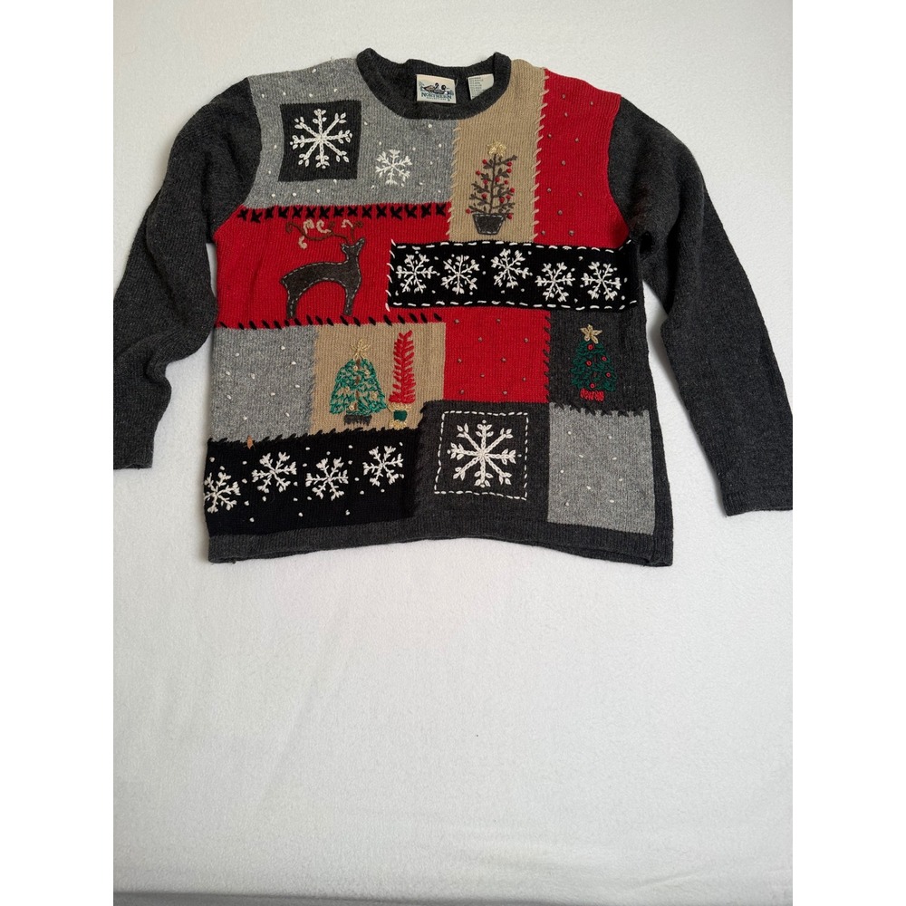 Northern Reflections Vintage Christmas Patchwork Sweater Reindeer Snowflake M